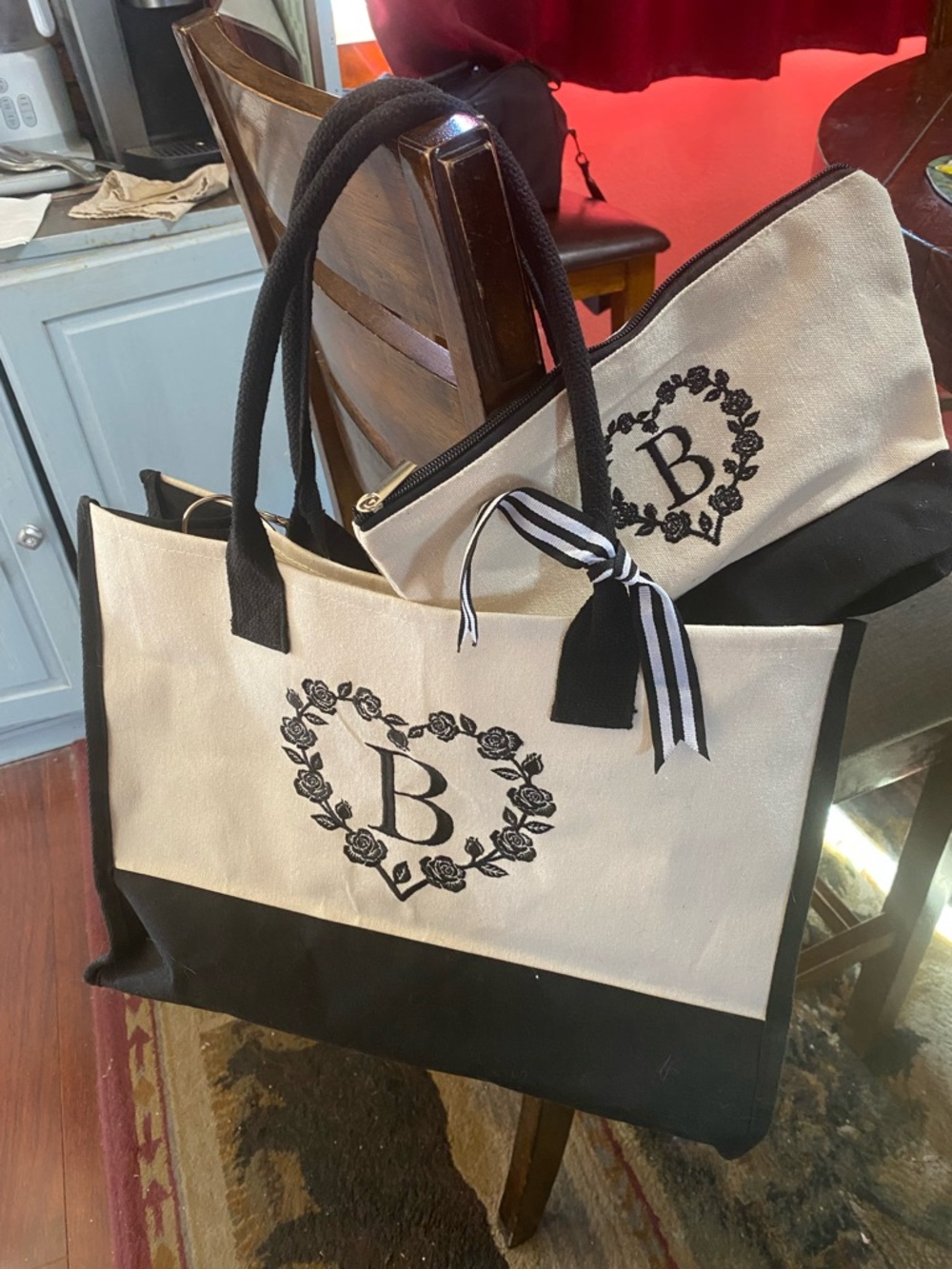 Monogram B Two-Tone Canvas Tote Bag in Black and Cream with Pouch